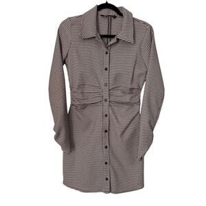 Zara Dress Size M Beige Black Houndstooth Long Sleeve Button Front Cinched Waist